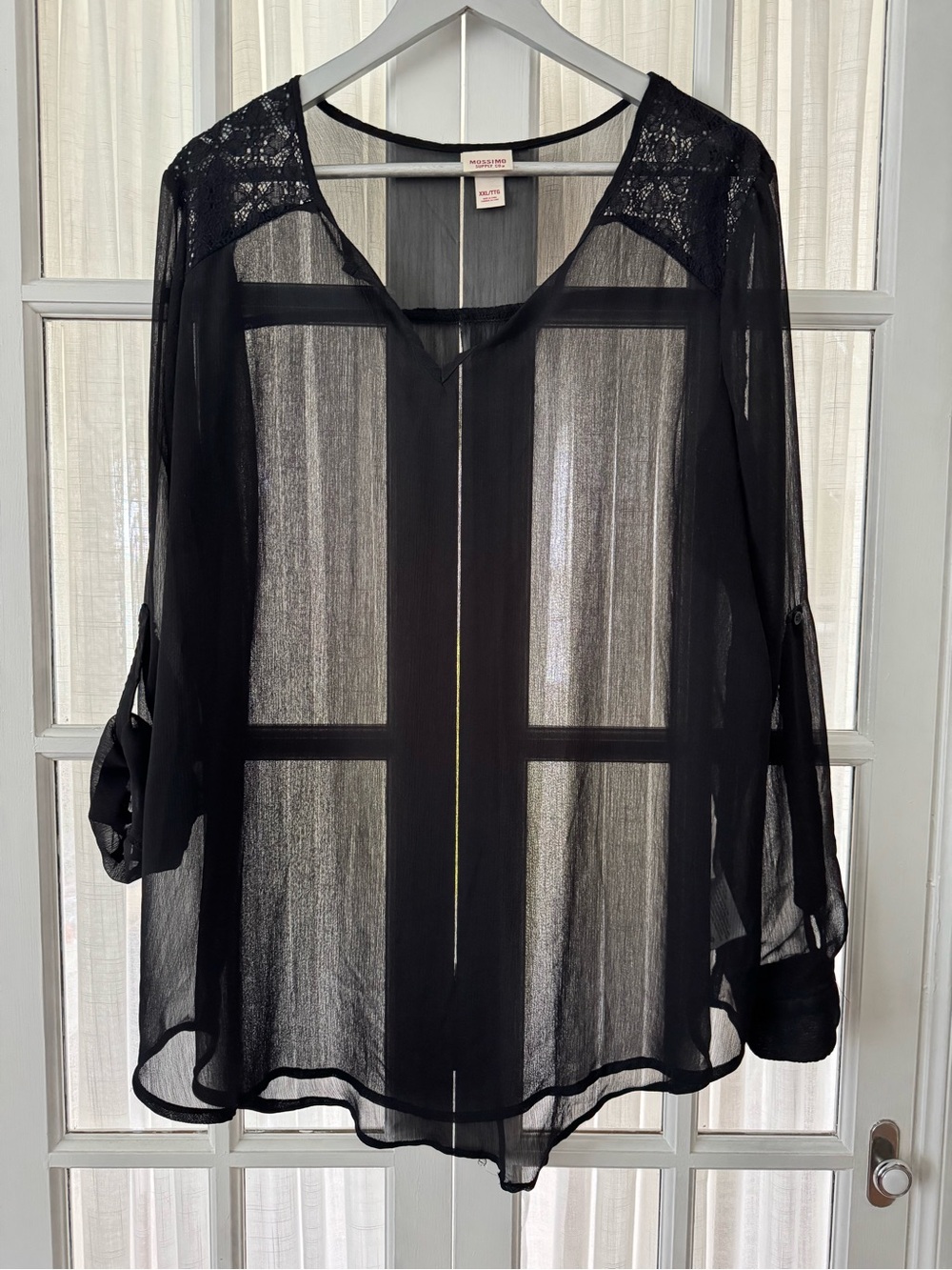 Black Sheer Lace-Shoulder V-Neck Blouse Mossimo XXL